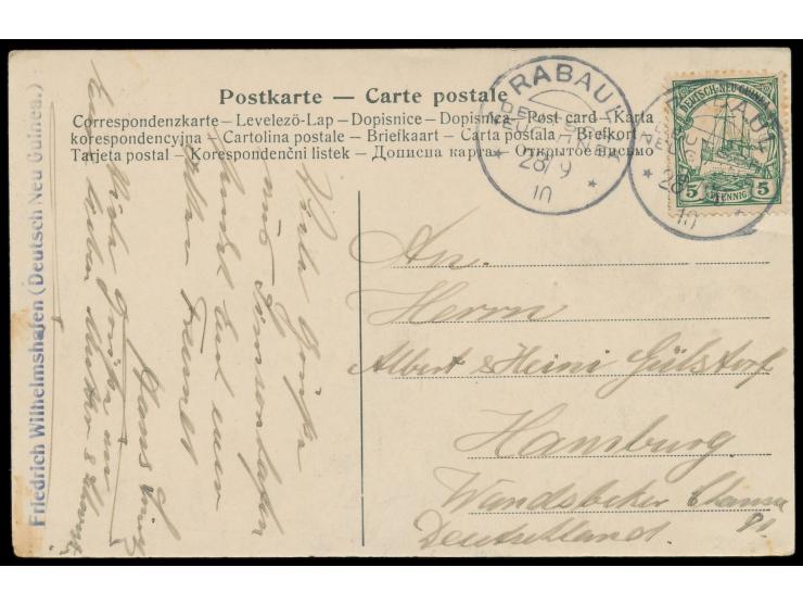 Ansichtskarte  Reichspostdampfer  (Prinz Waldemar?), Frankatur 5 Pf., 2 x Stempel  Rabaul  28.9.10, nach Hamburg, Bedarf
Stic