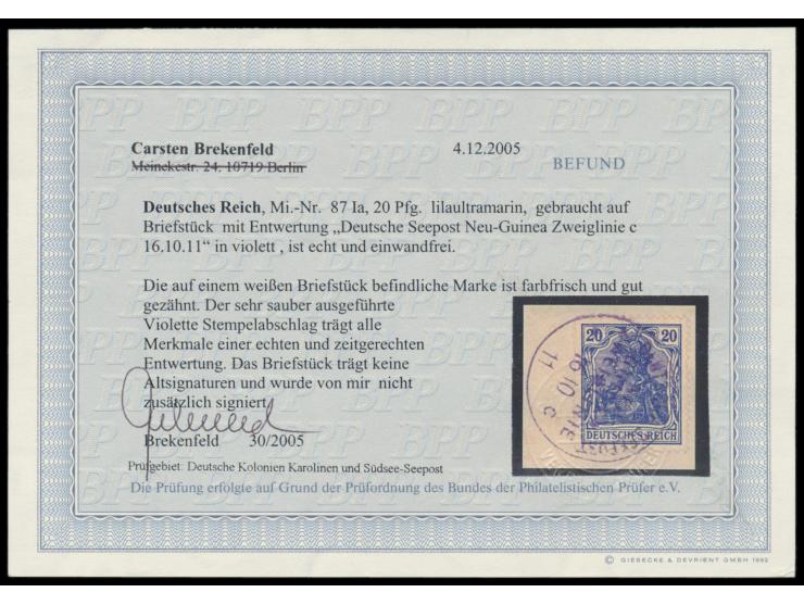 Dt. Reich 20 Pf. auf Briefstück mit violettem Stempel Deutsche Seepost  Neu-Guinea Zweiglinie c  16.10.11, kompletter, in all