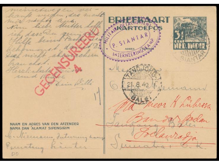 Niederländisch-Indien,  Ganzsache 3 1/2 C., geschrieben von einem Deutschen im Internierungslager P. Siantar mit Lagerstempel
