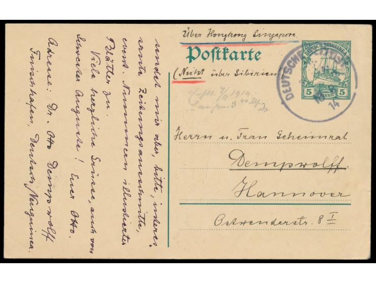 Ganzsache 5 Pf. (mit Teilstrich), geschrieben von  Oberstabsarzt Dr. Otto Dempwolff  in Palaupei am 2. August 1914, interessa