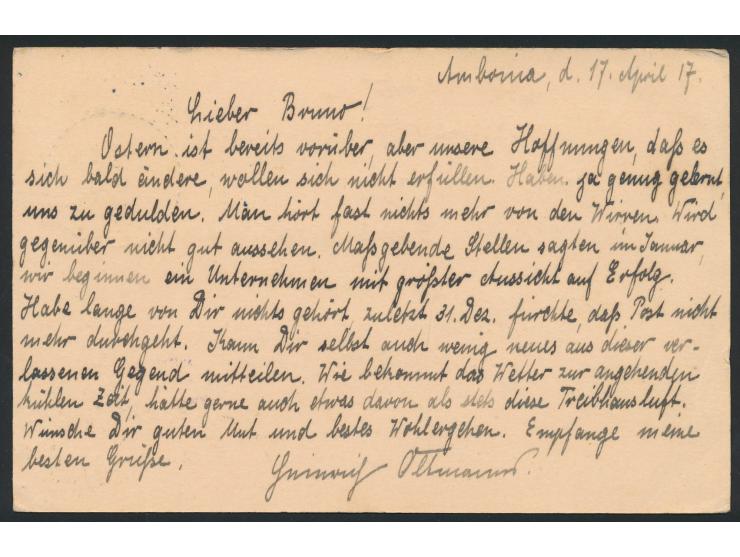 Niederländisch-Indien-Ganzsache  mit Stempel Amboina 20.4.17 an Leutnant z. See d. Res.  Bruno Walter  (nach Kriegsausbruch I
