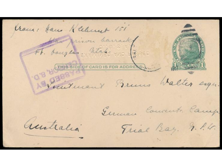 USA-Ganzsache  1 C. mit Stempel Salt Lake City 1917 an Leutnant z. See d. Res.  Bruno Walter  (nach Kriegsausbruch I. Offizie