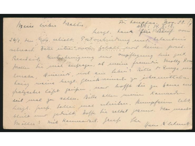 USA-Ganzsache  1 C. mit Stempel Salt Lake City 1917 an Leutnant z. See d. Res.  Bruno Walter  (nach Kriegsausbruch I. Offizie