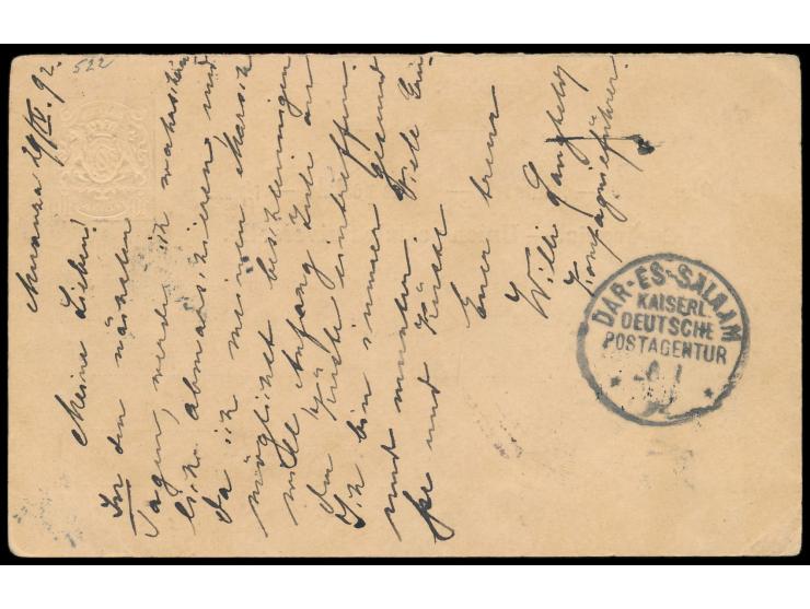 Bayern-Ganzsachen-Antwortteil 10 Pf. nach München, geschrieben in &nbsp;Muansa &nbsp;am 29.4.92 von &nbsp;Wilhelm Langheld &n