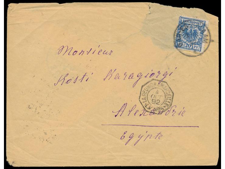 Vorläufer &nbsp;20 Pf. auf Brief mit Stempel &nbsp;Dar-es-Salaam &nbsp;3.10.92 &nbsp;nach Ägypten, &nbsp;französischer Seepos