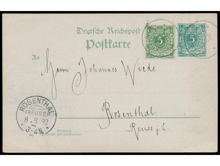 Privatganzsache  5 Pf. (Frech PP 9 A 2 / 05, grünlichgrauer Karton) mit Zusatzfrankatur Vorläufer 5 Pf. nach Deutschland, Ste