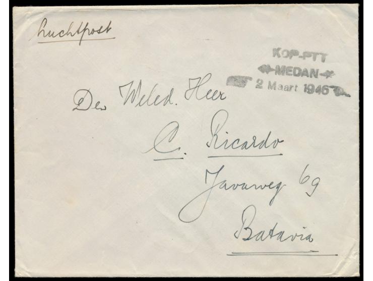 Niederländisch-Indien,  Notstempel L3  KDP-PTT / Medan / 2 Maart 1946  (KDP = Kantoor Displaced Persons) auf Luftpostbrief na