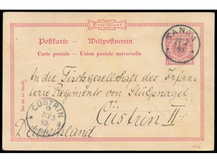 Vorläufer-Ganzsache  10 Pf. mit Stempel  Tanga  27.2.93 nach Cüstrin geschrieben von Hauptmann  Kurt Johannes  in Marangu am 