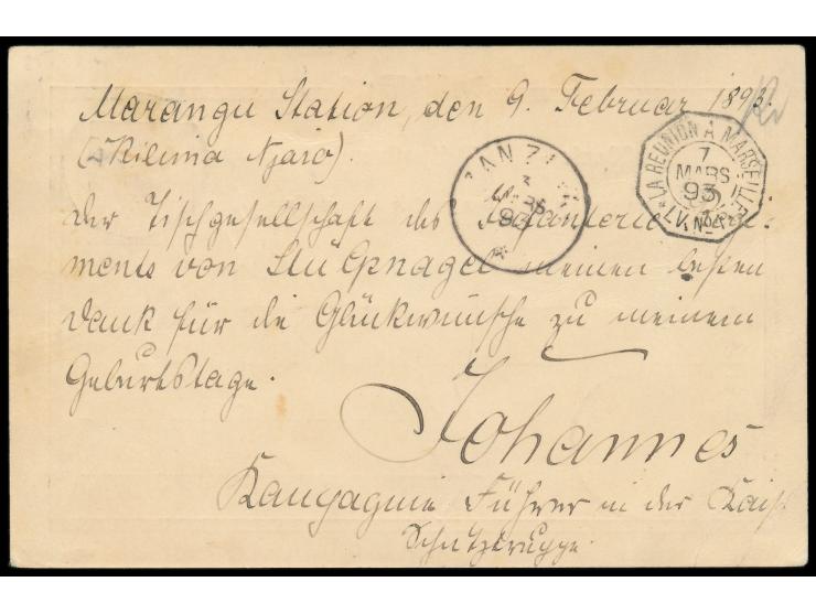 Vorläufer-Ganzsache  10 Pf. mit Stempel  Tanga  27.2.93 nach Cüstrin geschrieben von Hauptmann  Kurt Johannes  in Marangu am 