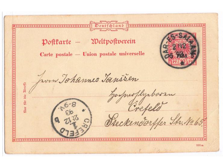 Ganzsache 5 Pesa (Druckvermerk 993m) mit Stempel  Dar-es-Salaam  2.12.93 nach Krefeld, geschrieben von Dr. Alexander Becker, 