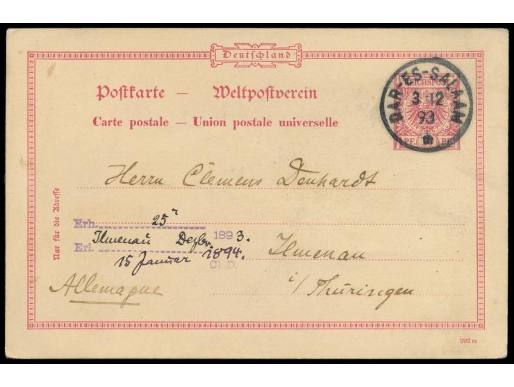 Vorläufer-Ganzsache  10 Pf. mit Stempel  Dar-es-Salaam  3.12.93 an Clemens Denhardt in Ilmenau, geschrieben "auf der Kegelbah