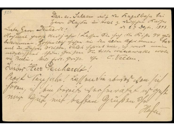 Vorläufer-Ganzsache  10 Pf. mit Stempel  Dar-es-Salaam  3.12.93 an Clemens Denhardt in Ilmenau, geschrieben "auf der Kegelbah