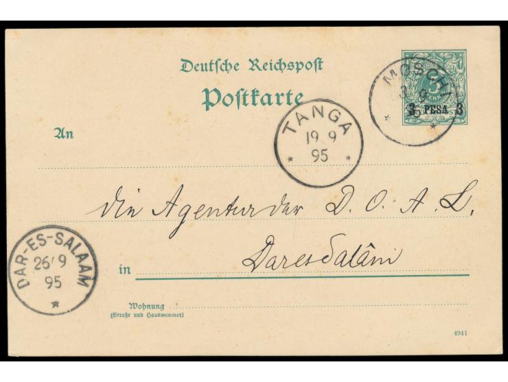 Ganzsache 3 Pesa mit Stempel  Moschi  3.9.95 nach Dar-es-Salaam, Durchgangsstempel Tanga 19.9.95 und Ankunftstempel Dar-es-Sa