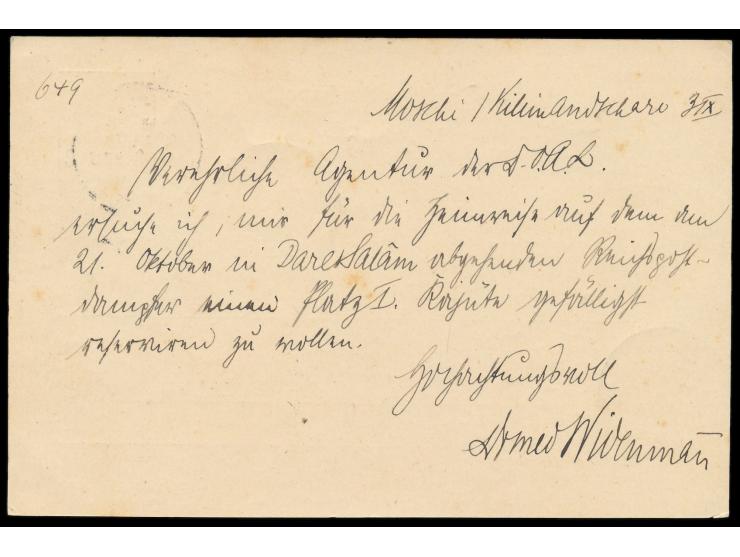 Ganzsache 3 Pesa mit Stempel  Moschi  3.9.95 nach Dar-es-Salaam, Durchgangsstempel Tanga 19.9.95 und Ankunftstempel Dar-es-Sa