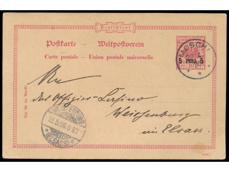 Ganzsache 5 Pesa mit Stempel  Moschi  22.4.96 nach Deutschland, geschrieben von  Dr. Franz Eggel,  Arzt in der Kaiserl. Schut
