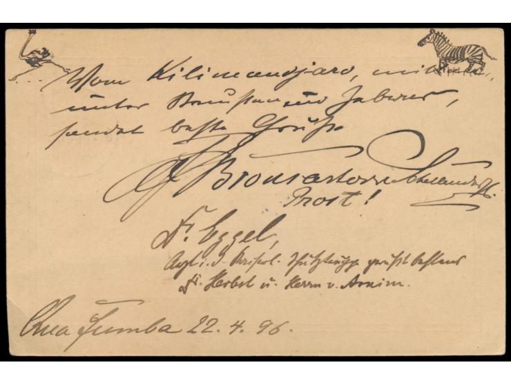 Ganzsache 5 Pesa mit Stempel  Moschi  22.4.96 nach Deutschland, geschrieben von  Dr. Franz Eggel,  Arzt in der Kaiserl. Schut