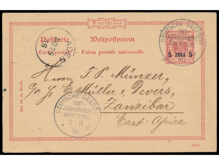 Stempel Deutsche Seepost  Ost-Afrikanische Hauptlinie d  25.11.96, Dampfer Kaiser, zwei Abschläge auf Ganzsache 5 Pesa (1. Au