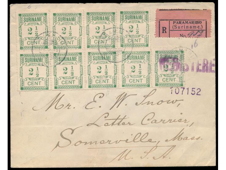 Suriname,  9 x Aushilfsausgabe 2 1/2 C. auf  Einschreibbrief  mit Stempel Paramaribo 17.5.15 nach USA, Durchgangsstempel Trin