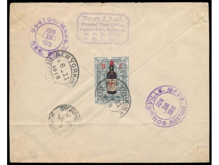 Suriname,  9 x Aushilfsausgabe 2 1/2 C. auf  Einschreibbrief  mit Stempel Paramaribo 17.5.15 nach USA, Durchgangsstempel Trin
