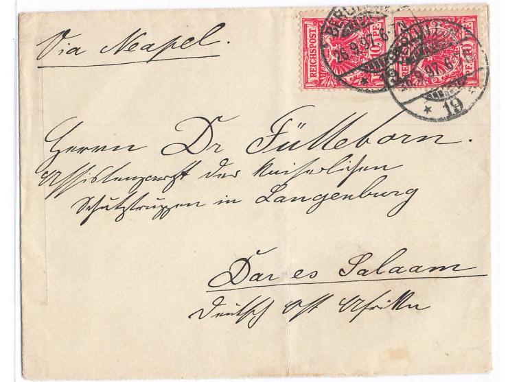 Paar 10 Pf. auf Brief mit Stempel Berlin SW 19 26.9.97 nach Dar-es-Salaam, zur Weitersendung an Dr. Friedrich Fülleborn, Assi