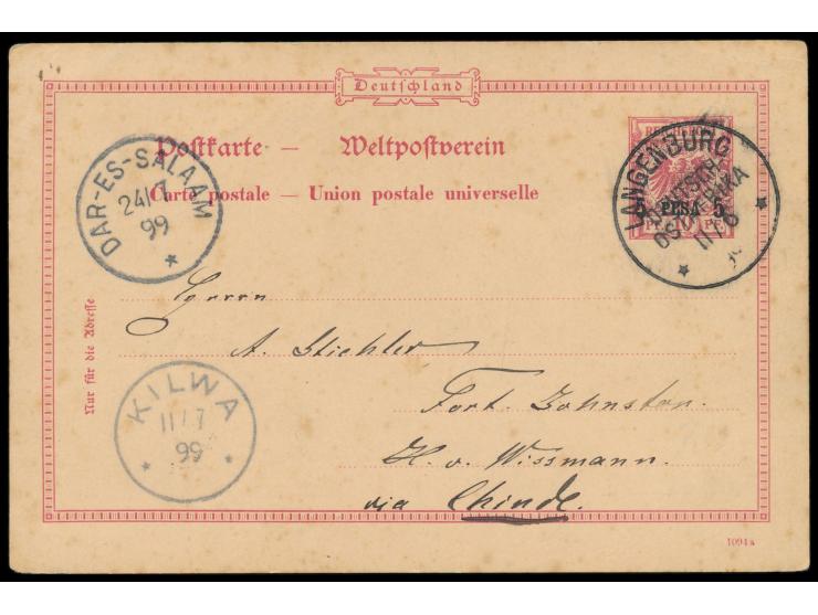 Stempel  Langenburg  11.6.99 auf Ganzsache 5 Pesa an Arno Stiehler, Maschinist an Bord des  Dampfers H. v. Wissmann  in Fort 