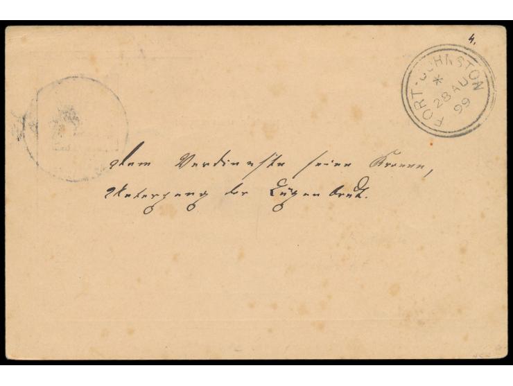 Stempel  Langenburg  11.6.99 auf Ganzsache 5 Pesa an Arno Stiehler, Maschinist an Bord des  Dampfers H. v. Wissmann  in Fort 