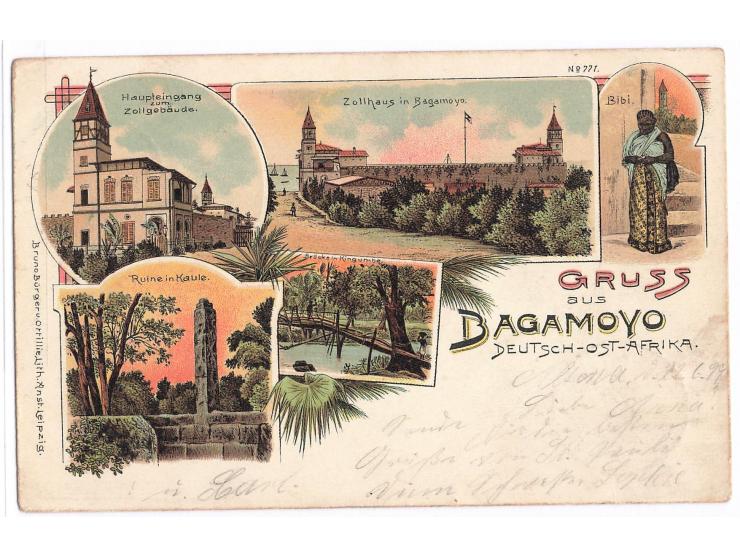 Fünfbild-Litho-Ansichtskarte  Gruss aus Bagamoyo:  Ruine / Haupteingang zum Zollgebäude / Zollhaus / Bibi / Brücke in Kingumb
