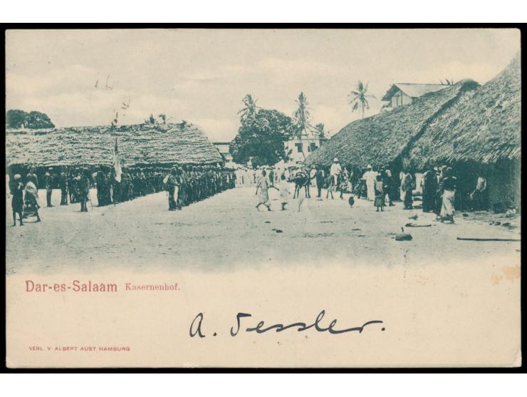 Ansichtskarte  Dar-es-Salaam - Kasernenhof,  Verlag Albert Aust, Hamburg, Frankatur 3 Pesa, Stempel Dar-es-Salaam2.3.00, als 