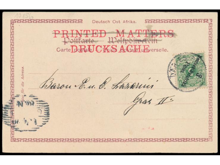 Ansichtskarte  Dar-es-Salaam - Kasernenhof,  Verlag Albert Aust, Hamburg, Frankatur 3 Pesa, Stempel Dar-es-Salaam2.3.00, als 