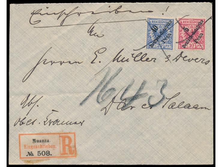 5 Pesa und 10 Pesa auf  Einschreibbrief  aus  Muanza  mit Tintenkreuz-Entwertung nach Dar-es-Salaam, R-Zettel Einfeldt Nr. 1,