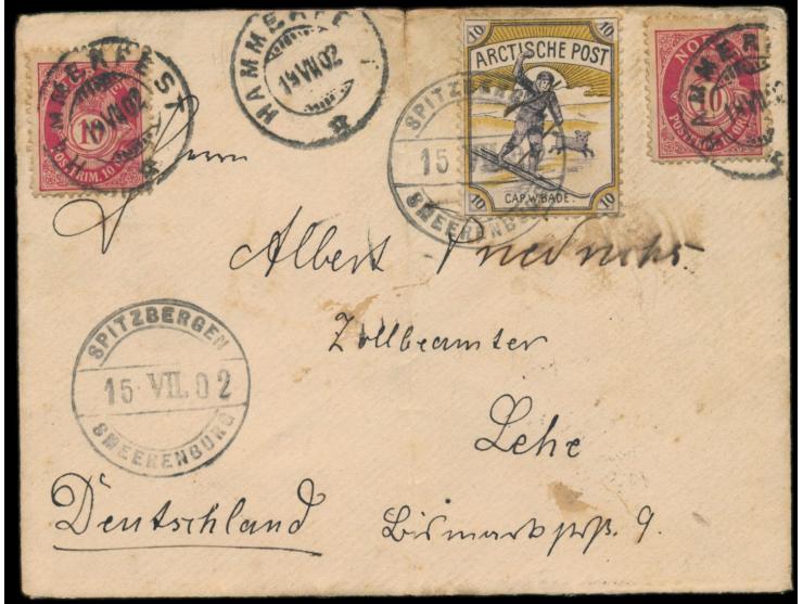 Brief mit Privatpost-Marke  "Arctische Post - Cap. W. Bade" 10 Öre  (Skiläufer mit Hund) und Stempel  Spitzbergen Smerenburg 
