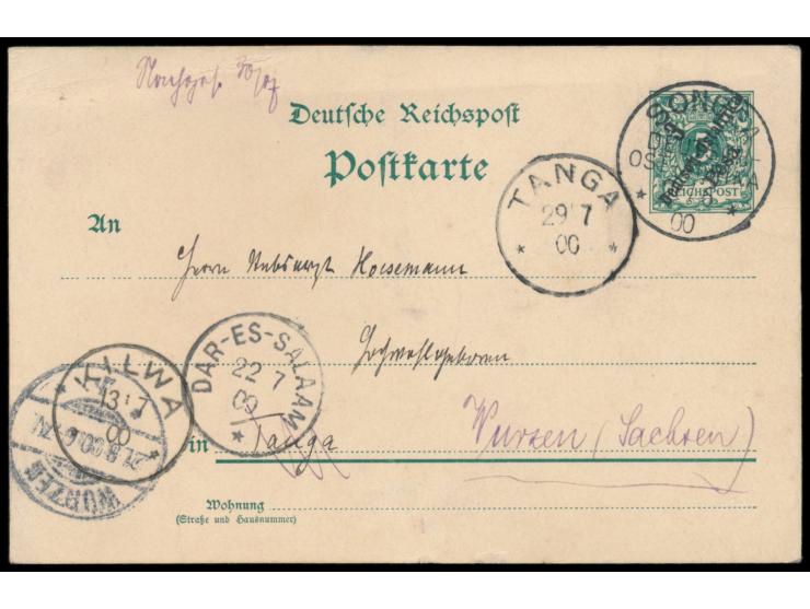Ganzsache 3 Pesa auf 5 Pf. mit Stempel  Songea  20.6.00 an Stabsarzt Paul Hoesemann in Tanga, Durchgangstempel Kilwa 13.7.00 