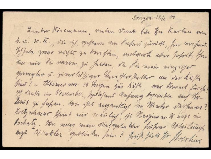 Ganzsache 3 Pesa auf 5 Pf. mit Stempel  Songea  20.6.00 an Stabsarzt Paul Hoesemann in Tanga, Durchgangstempel Kilwa 13.7.00 