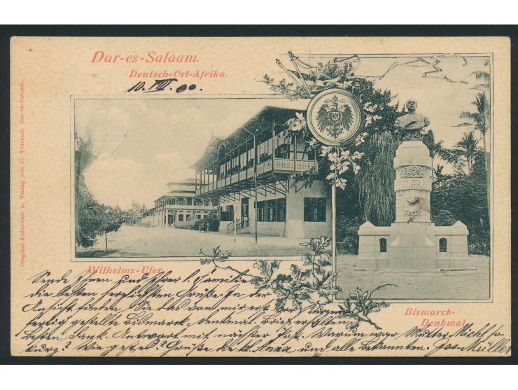 Zweibild-Ansichtskarte  Dar-es-Salaam - Wilhelms-Ufer / Bismarck-Denkmal,  Verlag C. Vincenti, Frankatur 3 Pesa, Stempel Dar-