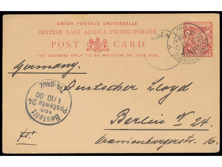 Britisch-Ostafrika,  Ganzsache 1 Anna mit Stempel  Lamu E. A. Protectorate  10.9.1900 nach Berlin, geschrieben von dem deutsc