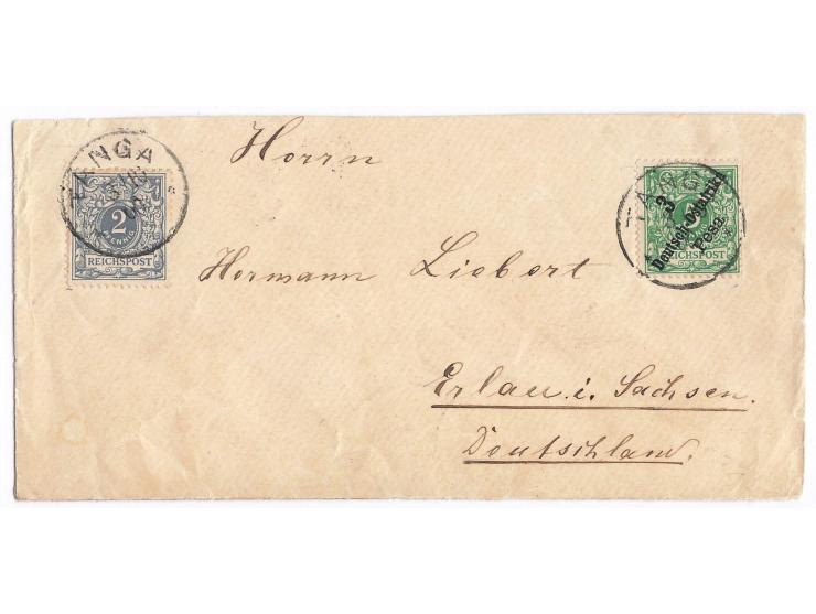 3 Pesa und  Mitläufer  Dt. Reich 2 Pf. auf Brief mit Stempel  Tanga  3.10.00 nach Deutschland, Ankunftstempel Erlau (Sachsen)