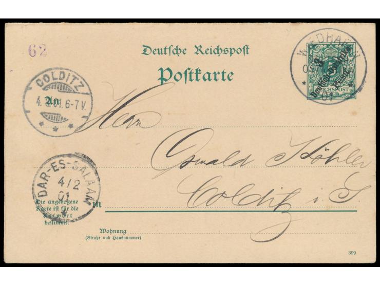 Stempel  Wiedhafen  4.1.01 auf Ganzsachen-Doppelkarte 3 Pesa an Oswald Köhler in Colditz, Durchgangstempel Dar-es-Salaam 4.2.
