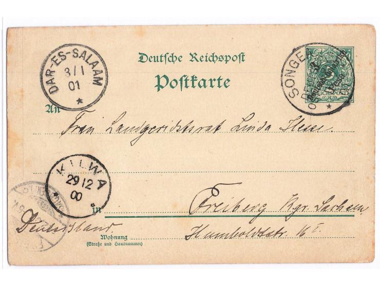 Ganzsache 3 Pesa mit Stempel &nbsp;Songea &nbsp;11.12.00 nach Deutschland, Durchgangstempel Kilwa 29.12.00 und Dar-es-Salaam 