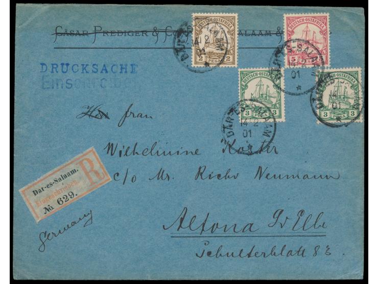 2 Pesa, 2 x 3 Pesa und 5 Pesa auf  Einschreiben-Drucksache  mit Stempel  Dar-es-Salaam  14.2.01 nach Altona, R-Zettel Einfeld