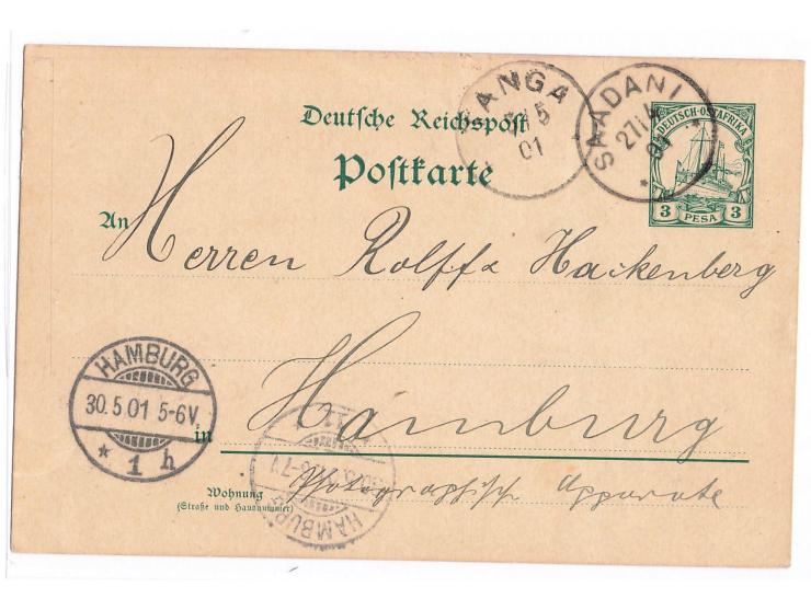 Stempel  Saadani  27.4.01 auf Ganzsache 3 Pesa nach Hamburg, Durchgangsstempel Tanga 5.5.01, Ankunftstempel 30.5.01, Bedarf

