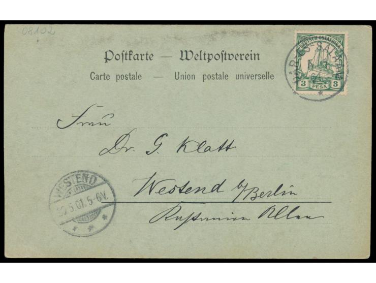 Mondschein-Ansichtskarte  Gouverneurs-Villa, Dar-es-Salaam,  Verlag K. Bretschneider, Dar-es-Salaam, Frankatur 3 Pesa, Stempe