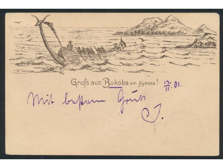 Ansichtskarte "Gruß aus Bukoba am Nyassa!" nach Deutschland, Frankatur 3 Pesa, Stempel  Bukoba  13.11.01, Durchgangstempel Da