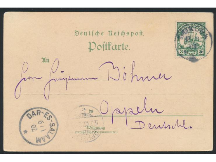 Ansichtskarte "Gruß aus Bukoba am Nyassa!" nach Deutschland, Frankatur 3 Pesa, Stempel  Bukoba  13.11.01, Durchgangstempel Da