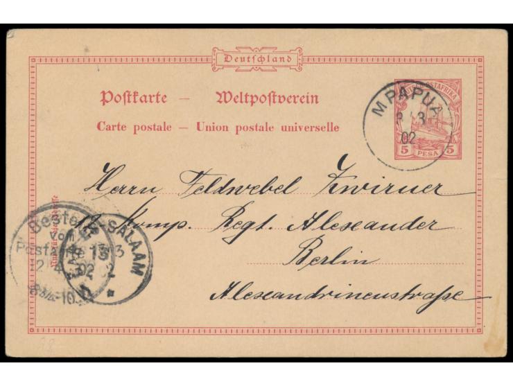 Stempel  Mpapua  3.3.02 auf Ganzsache 5 Pesa, geschrieben in  Kondoa-Jrangi  am 22.2.02 von Sanitätsunteroffizier Kickert, Du