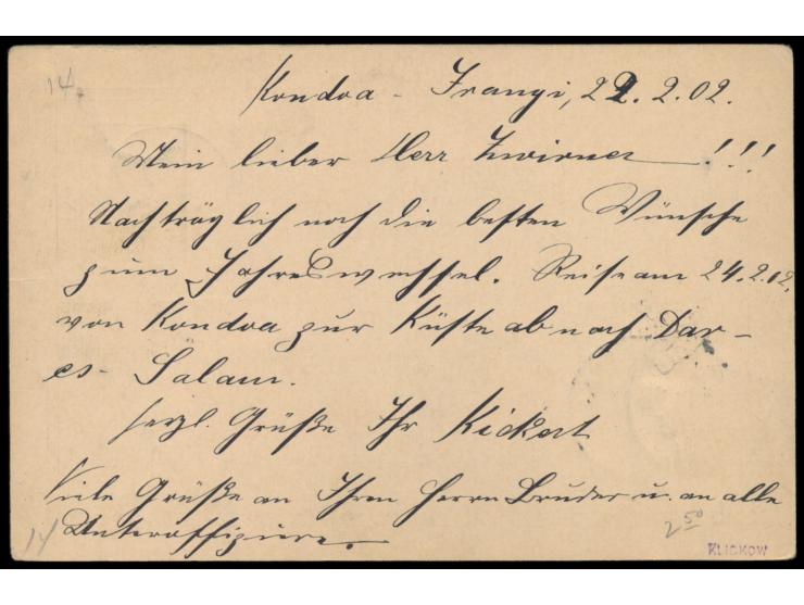 Stempel  Mpapua  3.3.02 auf Ganzsache 5 Pesa, geschrieben in  Kondoa-Jrangi  am 22.2.02 von Sanitätsunteroffizier Kickert, Du