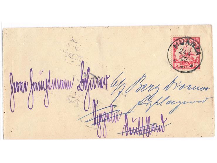 5 Pesa auf Brief mit zentrischem Stempel  Muanza  24.4.02 nach Oppeln, Durchgangstempel Dar-es-Salaam, Ankunftstempel Oppeln 