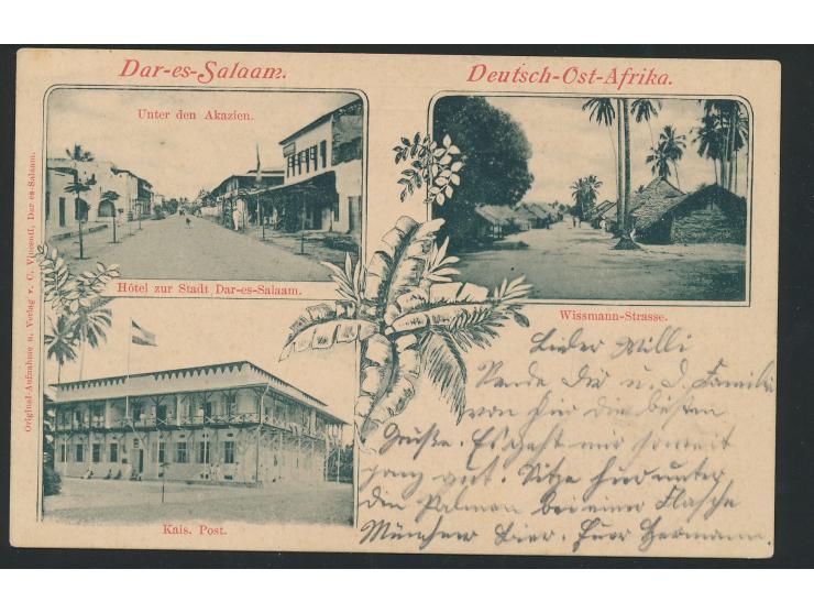 Dreibild-Ansichtskarte  Dar-es-Salaam:  Kais. Post / Hotel zur Stadt Dar-es-Salaam / Wissmann-Strasse, Verlag Vincenti, Frank