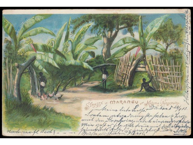 Litho-Ansichtskarte  "Strasse in Marangu ..."  mit DOA 3 Pesa, geschrieben in Durban an Bord des Dampfers Kronprinz am 23.9.0