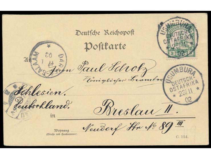 3 Pesa auf Postkarte (C. 154-Formular) mit Stempel  Usumbura  23.11.02, 2. Tag nach Eröffnung der Postagentur, Durchgangstemp