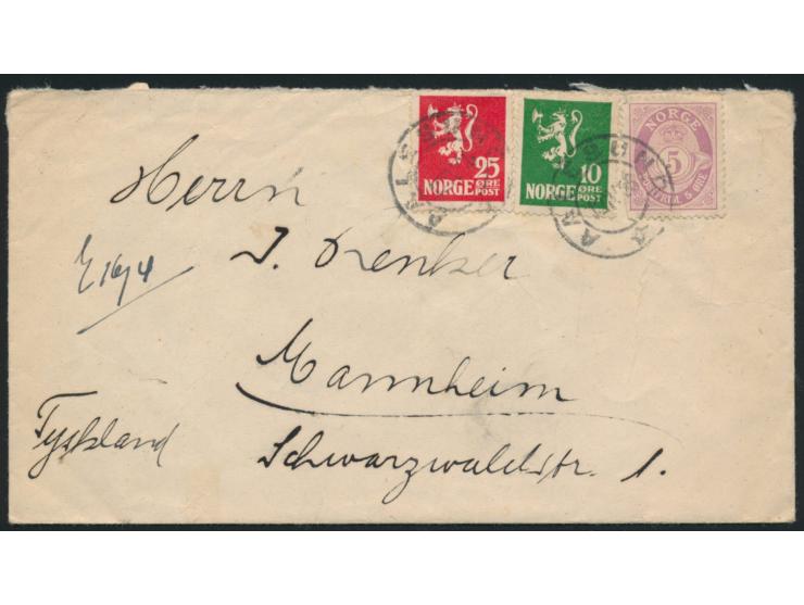 Mischfrankatur 40 Öre auf Brief mit Stempel  Aalesund  12.4.26 nach Deutschland, rückseitig  Vignette "Amundsen - Ellsworth P